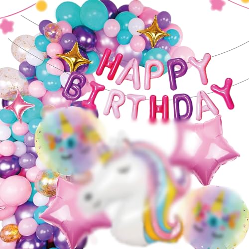 Geburtstagsdeko Set BSNRDX Birthday Folienballon Bannner Set, 57 pcs Kindergeburtstag DekoRosa Luftballons Geburtstag mit 3D Ballon, Happy Birthday Banner für Kinder Geburtstag Party Deko von BSNRDX