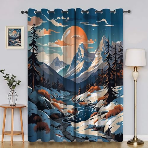 BSYYZQC Berg Verdunkelungsvorhang, Vorhang Blickdicht Mond Vorhänge mit Ösen, Gardinen Verdunklungsvorhänge für Wohnzimmer Schlafzimmer Kinderzimmer 2er Set 145x140cm (HxB) von BSYYZQC