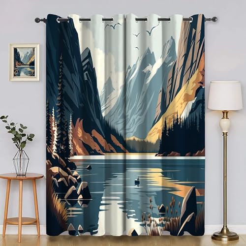 BSYYZQC Berg Verdunkelungsvorhang, Vorhang Blickdicht Vogel Vorhänge mit Ösen, Gardinen Verdunklungsvorhänge für Wohnzimmer Schlafzimmer Kinderzimmer 2er Set 145x140cm (HxB) von BSYYZQC