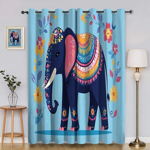BSYYZQC Blumen Blackout Vorhang, Vorhänge Blickdicht Elefant Gardinen mit ösen, Gegen Kälte Super Weich Schallschutz Vorhang für Schlafzimmer 2er Set 220x140cm (HxB) von BSYYZQC
