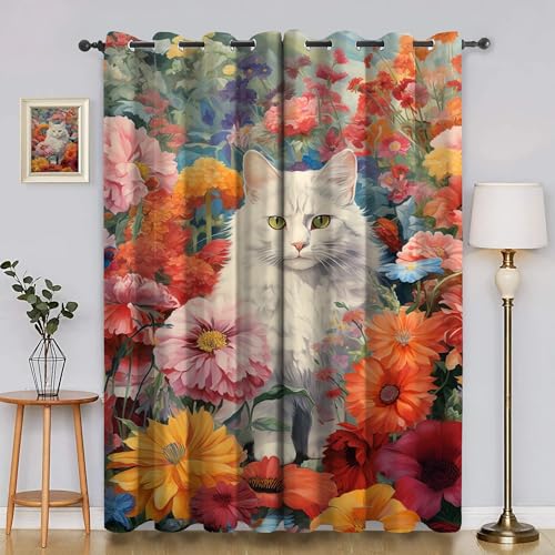 BSYYZQC Blumen Gardinen, Verdunklungsvorhänge Katze Schallschutz Vorhang, Blickdicht Vorhänge mit Ösen, Vorhänge Wohnzimmer für Schlafzimmer Kinderzimmer 2er Set 175x140cm (HxB) von BSYYZQC