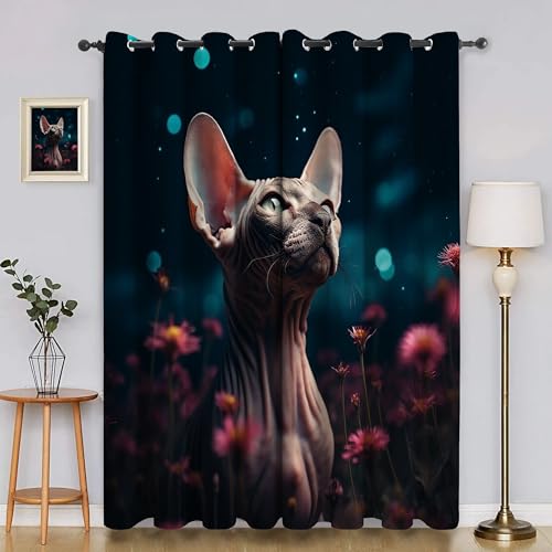 BSYYZQC Blumen Gardinen, Verdunklungsvorhänge Sphynx-Katze Schallschutz Vorhang, Blickdicht Vorhänge mit Ösen, Vorhänge Wohnzimmer für Schlafzimmer Kinderzimmer 2er Set 175x140cm (HxB) von BSYYZQC