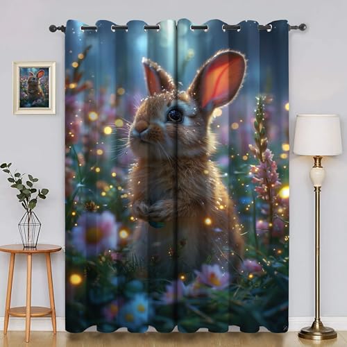 BSYYZQC Blumen Verdunkelungsvorhang, Vorhang Blickdicht Kaninchen Vorhänge mit Ösen, Gardinen Verdunklungsvorhänge für Wohnzimmer Schlafzimmer Kinderzimmer 2er Set 145x140cm (HxB) von BSYYZQC