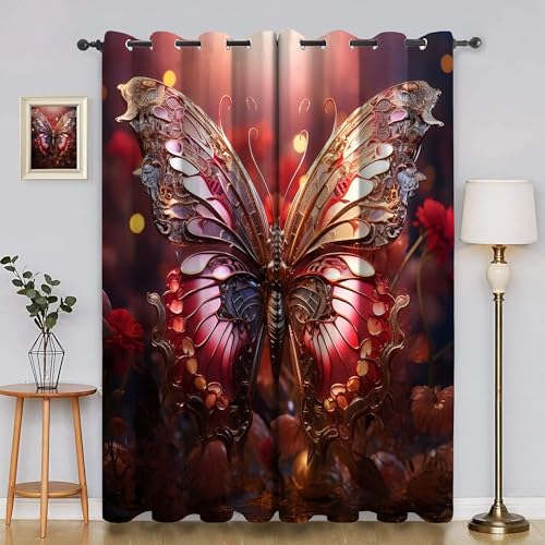BSYYZQC Blumen Verdunkelungsvorhang, Vorhang Blickdicht Schmetterling Vorhänge mit Ösen, Gardinen Verdunklungsvorhänge für Wohnzimmer Schlafzimmer Kinderzimmer 2er Set 145x140cm (HxB) von BSYYZQC