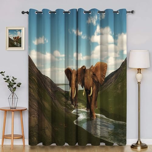BSYYZQC Elefant Blackout Vorhang, Vorhänge Blickdicht Wolken Gardinen mit ösen, Gegen Kälte Super Weich Schallschutz Vorhang für Schlafzimmer 2er Set 220x140cm (HxB) von BSYYZQC