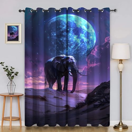 BSYYZQC Elefant Verdunkelungsvorhang, Vorhang Blickdicht Mond Vorhänge mit Ösen, Gardinen Verdunklungsvorhänge für Wohnzimmer Schlafzimmer Kinderzimmer 2er Set 145x140cm (HxB) von BSYYZQC