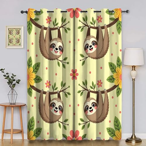 BSYYZQC Faultier Verdunkelungsvorhang, Vorhang Blickdicht Blumen Vorhänge mit Ösen, Gardinen Verdunklungsvorhänge für Wohnzimmer Schlafzimmer Kinderzimmer 2er Set 145x140cm (HxB) von BSYYZQC