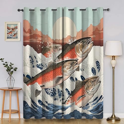BSYYZQC Fisch Verdunkelungsvorhang, Vorhang Blickdicht Spray Vorhänge mit Ösen, Gardinen Verdunklungsvorhänge für Wohnzimmer Schlafzimmer Kinderzimmer 2er Set 145x140cm (HxB) von BSYYZQC