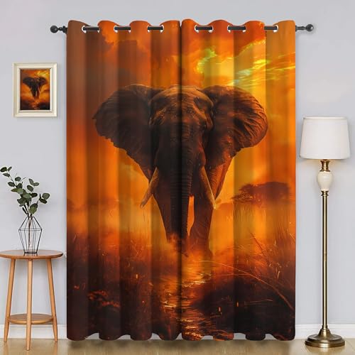 BSYYZQC Flamme Vorhang Verdunkelung, Ösenvorhang Elefant Verdunklungsvorhänge Geräuschreduzierend, Polyester Anti-Fade Gardinen für Schlafzimmer 2er Set 260x140cm (HxB) von BSYYZQC