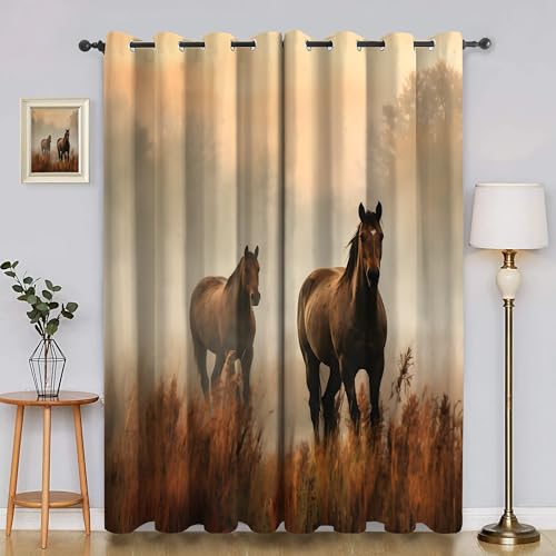 BSYYZQC Gras Gardinen, Verdunklungsvorhänge Pferd Schallschutz Vorhang, Blickdicht Vorhänge mit Ösen, Vorhänge Wohnzimmer für Schlafzimmer Kinderzimmer 2er Set 175x140cm (HxB) von BSYYZQC