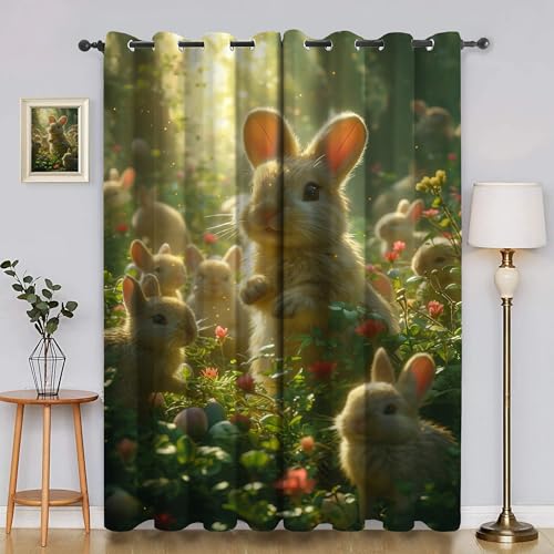 BSYYZQC Kaninchen Verdunkelungsvorhang, Vorhang Blickdicht Pastoralstil Vorhänge mit Ösen, Gardinen Verdunklungsvorhänge für Wohnzimmer Schlafzimmer Kinderzimmer 2er Set 145x140cm (HxB) von BSYYZQC