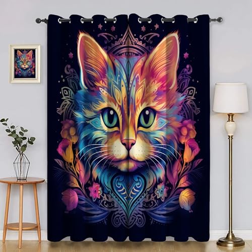BSYYZQC Katze Verdunkelungsvorhang, Vorhang Blickdicht BläTter Vorhänge mit Ösen, Gardinen Verdunklungsvorhänge für Wohnzimmer Schlafzimmer Kinderzimmer 2er Set 145x140cm (HxB) von BSYYZQC