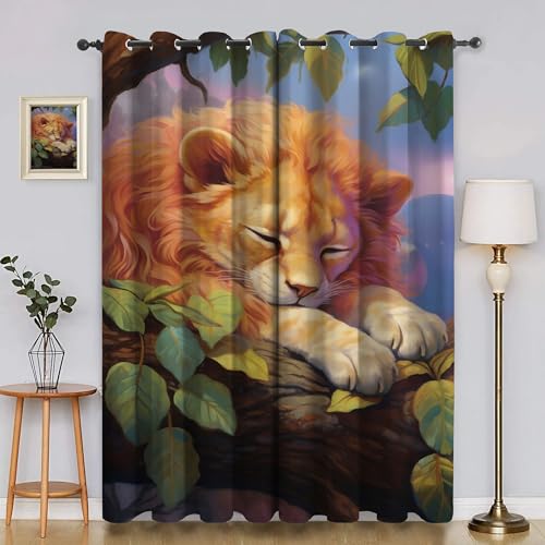 BSYYZQC LöWe Verdunkelungsvorhang, Vorhang Blickdicht BläTter Vorhänge mit Ösen, Gardinen Verdunklungsvorhänge für Wohnzimmer Schlafzimmer Kinderzimmer 2er Set 145x140cm (HxB) von BSYYZQC