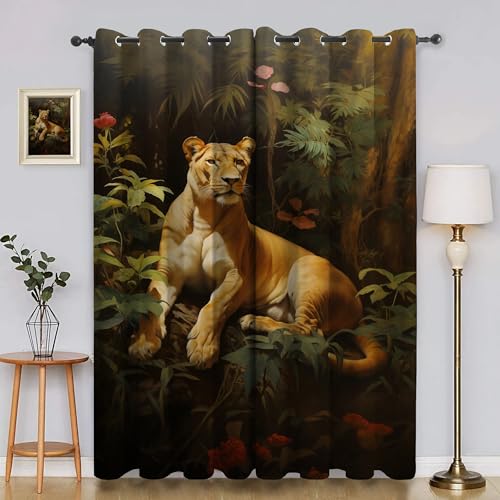 BSYYZQC LöWe Verdunkelungsvorhang, Vorhang Blickdicht Wald Vorhänge mit Ösen, Gardinen Verdunklungsvorhänge für Wohnzimmer Schlafzimmer Kinderzimmer 2er Set 145x140cm (HxB) von BSYYZQC