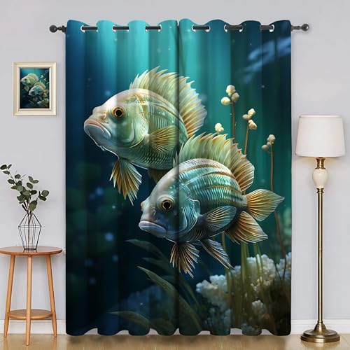 BSYYZQC Meerwasser Gardinen, Verdunklungsvorhänge GroßEr Fisch Schallschutz Vorhang, Blickdicht Vorhänge mit Ösen, Vorhänge Wohnzimmer für Schlafzimmer Kinderzimmer 2er Set 175x140cm (HxB) von BSYYZQC
