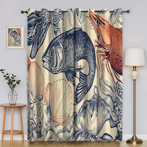 BSYYZQC Ozean Verdunkelungsvorhang, Vorhang Blickdicht HüLse Vorhänge mit Ösen, Gardinen Verdunklungsvorhänge für Wohnzimmer Schlafzimmer Kinderzimmer 2er Set 145x140cm (HxB) von BSYYZQC