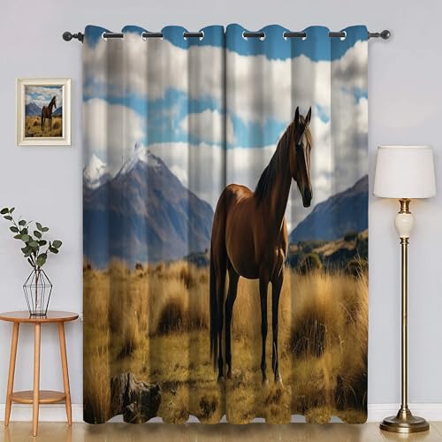 BSYYZQC Pferd Gardinen, Verdunklungsvorhänge PräRie Schallschutz Vorhang, Blickdicht Vorhänge mit Ösen, Vorhänge Wohnzimmer für Schlafzimmer Kinderzimmer 2er Set 175x140cm (HxB) von BSYYZQC