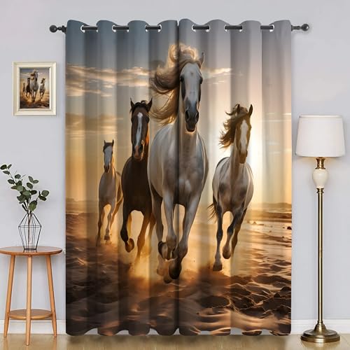 BSYYZQC Pferd Gardinen, Verdunklungsvorhänge Sonnenuntergang Schallschutz Vorhang, Blickdicht Vorhänge mit Ösen, Vorhänge Wohnzimmer für Schlafzimmer Kinderzimmer 2er Set 175x140cm (HxB) von BSYYZQC