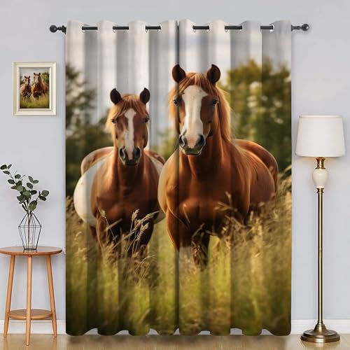 BSYYZQC Pferd Verdunkelungsvorhang, Vorhang Blickdicht Gras Vorhänge mit Ösen, Gardinen Verdunklungsvorhänge für Wohnzimmer Schlafzimmer Kinderzimmer 2er Set 145x140cm (HxB) von BSYYZQC