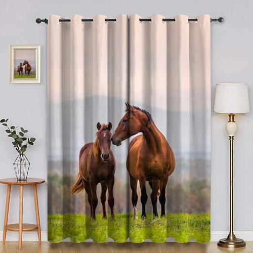 BSYYZQC Pferd Verdunkelungsvorhang, Vorhang Blickdicht Rasen Vorhänge mit Ösen, Gardinen Verdunklungsvorhänge für Wohnzimmer Schlafzimmer Kinderzimmer 2er Set 145x140cm (HxB) von BSYYZQC