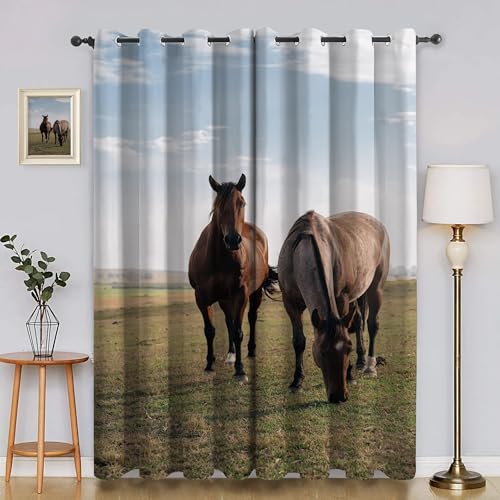BSYYZQC Pferd Verdunkelungsvorhang, Vorhang Blickdicht Wiese Vorhänge mit Ösen, Gardinen Verdunklungsvorhänge für Wohnzimmer Schlafzimmer Kinderzimmer 2er Set 145x140cm (HxB) von BSYYZQC