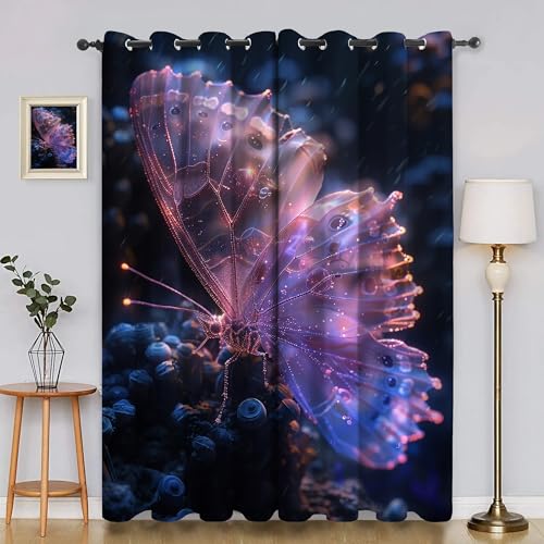 BSYYZQC Schmetterling Verdunkelungsvorhang, Vorhang Blickdicht Obst Vorhänge mit Ösen, Gardinen Verdunklungsvorhänge für Wohnzimmer Schlafzimmer Kinderzimmer 2er Set 145x140cm (HxB) von BSYYZQC