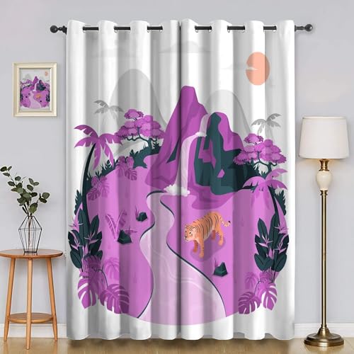 BSYYZQC Tiger Verdunkelungsvorhang, Vorhang Blickdicht Cartoon Japanisch Vorhänge mit Ösen, Gardinen Verdunklungsvorhänge für Wohnzimmer Schlafzimmer Kinderzimmer 2er Set 145x140cm (HxB) von BSYYZQC