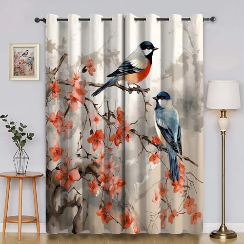 BSYYZQC Vogel Gardinen, Verdunklungsvorhänge Blumenzweige Schallschutz Vorhang, Blickdicht Vorhänge mit Ösen, Vorhänge Wohnzimmer für Schlafzimmer Kinderzimmer 2er Set 175x140cm (HxB) von BSYYZQC