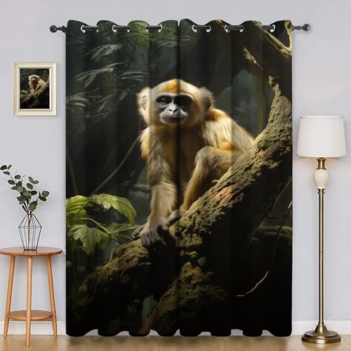 BSYYZQC Wald Gardinen, Verdunklungsvorhänge Goldener AFFE Schallschutz Vorhang, Blickdicht Vorhänge mit Ösen, Vorhänge Wohnzimmer für Schlafzimmer Kinderzimmer 2er Set 175x140cm (HxB) von BSYYZQC