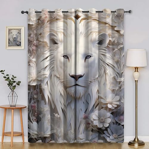BSYYZQC WeißE Blumen Verdunkelungsvorhang, Vorhang Blickdicht LöWe Vorhänge mit Ösen, Gardinen Verdunklungsvorhänge für Wohnzimmer Schlafzimmer Kinderzimmer 2er Set 145x140cm (HxB) von BSYYZQC