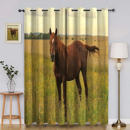 BSYYZQC Wiese Gardinen, Verdunklungsvorhänge Pferd Schallschutz Vorhang, Blickdicht Vorhänge mit Ösen, Vorhänge Wohnzimmer für Schlafzimmer Kinderzimmer 2er Set 175x140cm (HxB) von BSYYZQC