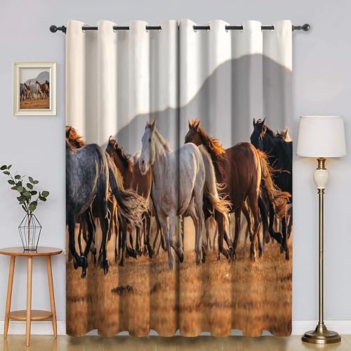 BSYYZQC Wiese Gardinen, Verdunklungsvorhänge Pferd Schallschutz Vorhang, Blickdicht Vorhänge mit Ösen, Vorhänge Wohnzimmer für Schlafzimmer Kinderzimmer 2er Set 175x140cm (HxB) von BSYYZQC