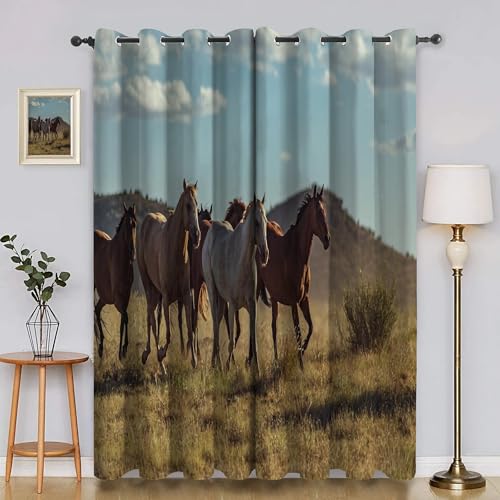 BSYYZQC Wiese Gardinen, Verdunklungsvorhänge Pferd Schallschutz Vorhang, Blickdicht Vorhänge mit Ösen, Vorhänge Wohnzimmer für Schlafzimmer Kinderzimmer 2er Set 175x140cm (HxB) von BSYYZQC