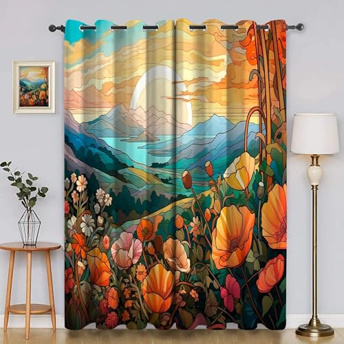 Sonnenuntergang Gardinen, Verdunklungsvorhänge Cartoon-Illustration Schallschutz Vorhang, Blickdicht Vorhänge mit Ösen, Vorhänge Wohnzimmer für Schlafzimmer Kinderzimmer 2er Set 175x140cm (HxB) von BSYYZQC