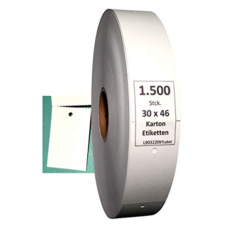 BT-Label 1500 Kartonetiketten 30 x 46 mm auf Rolle blanko Endlosetiketten mit Loch Preisetiketten für Etikettiergeräte Kleidung Etiketten Anhänger Hang Tags von BT-Label