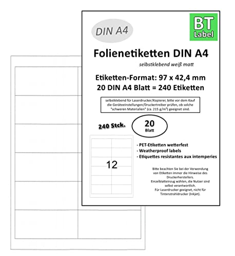 BT-Label 240 Folienetiketten (Format 97 x 42,4 mm) auf 20 DIN A4 Blatt Etiketten Wetterfest weiß (12 pro A4 Blatt) selbstklebend bedruckbar mit Laserdrucker von BT-Label