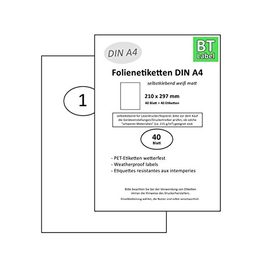 BT-Label 40 Aufkleber auf 40 DIN A4 Blatt Klebefolie Etiketten Wetterfest 210 x 297 mm weiß Wasserfest selbstklebend Folienetiketten bedruckbar Laserdrucker zum Beschriften von BT-Label