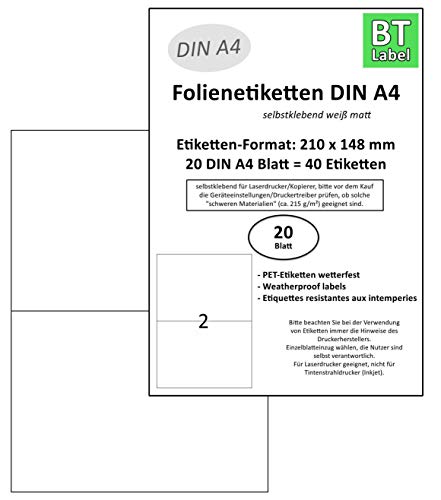 BT-Label 40 Polyesteretiketten (Format 210 x 148 mm) auf 20 DIN A4 Blatt Klebeetiketten Folie Wetterfest weiß (2 pro A4 Blatt) selbstklebend bedruckbar mit Laserdrucker von BT-Label
