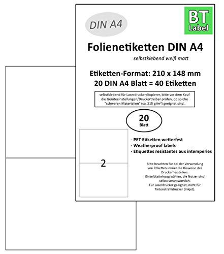 BT-Label 40 Polyesteretiketten (Format 210 x 148 mm) auf 20 DIN A4 Blatt Klebeetiketten Folie Wetterfest weiß (2 pro A4 Blatt) selbstklebend bedruckbar mit Laserdrucker von BT-Label