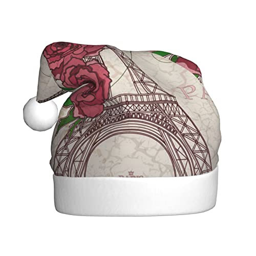 BTCOWZRV Weihnachtsmütze für Erwachsene, Motiv: Eiffelturm, Rose, Blumendruck, Weihnachtsmütze, Weihnachtsmütze für festliche Partys von BTCOWZRV