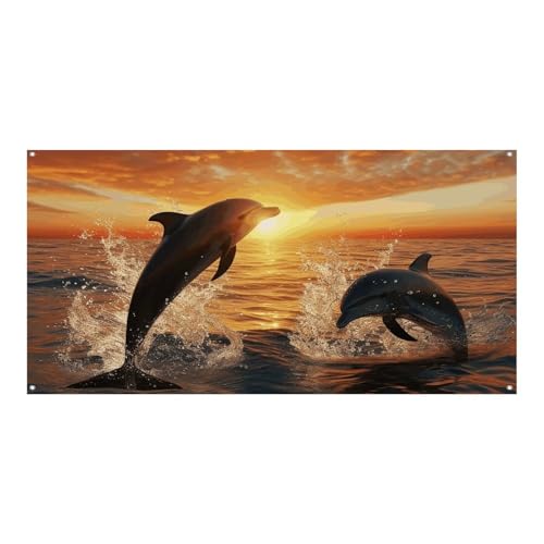 Banner und Schilder, Motiv: Delfine, die bei Sonnenuntergang aus dem Wasser springen, Party-Hintergründe, Wandbehang, Flaggen, Fototext, Hintergrund, großes Partybanner mit 4 Löchern, Wanddekoration Banner und Schilder, Motiv: Delfine, die bei Sonnenuntergang aus dem Wasser springen, Party-Hintergründe, Wandbehang, Flaggen, Fototext, Hintergrund, großes Partybanner mit 4 Löchern, Wanddekoration von BTCOWZRV
