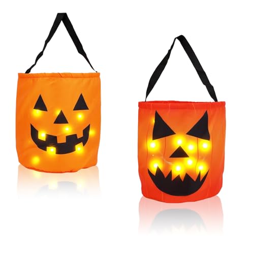 BTFO 2stk LED Halloween Eimer Kürbis, Halloween Süßigkeiten Eimer mit LED Lichtern Trick-or-Treating Tasche mit Griff Smiley Kürbis Design Geeignet für Kinderparty Zubehör von BTFO