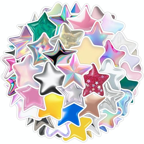 50 Stück Glitzer Aufkleber Sterne, Kinder Bunt Klebesterne Belohnungssticker, Selbstklebend Star Sticker Wiederverwendbare Wasserfest Stickers für Laptop Auto Fotoalbum Journal Scrapbook Fahrrad von BTIYMU
