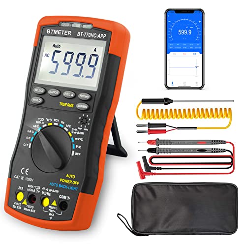 BTMETER Digitalmultimeter, Handheld TRMS 6000 Multimeter Auto Range Voltmeter Amperemeter Messen AC DC Volt Amp Ohm Kontinuität Kapazität Frequenz Diode hFE Transistor Temperatur BT-770HC-APP von BTMETER