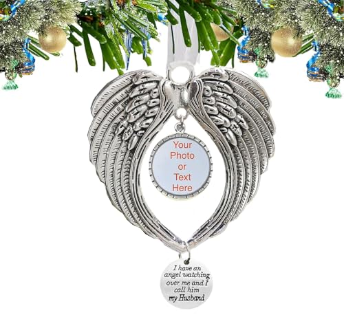 BTORER Weihnachtsschmuck Engelsflügel mit Blanko-Foto-Anhänger – I Have a Angel Watching Over Me I Call – Hängende Gedenkfigur Weihnachtsbaum hängende Dekoration im Himmel Gedenkgeschenk (Ehemann) von BTORER BTORER