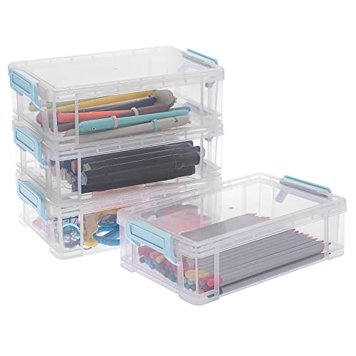 BTSKY 4 Stück stapelbare transparente Stiftbox Bürobedarf Aufbewahrungsbox, multifunktionale Aufbewahrungsboxen, 19.5 * 12 * 6 cm Zwischengröße (Blau Schnalle) von BTSKY