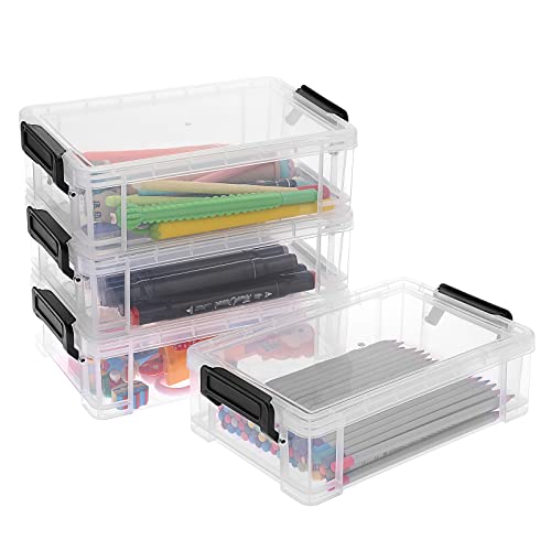 BTSKY 4 Stück stapelbare transparente Stiftbox Bürobedarf Aufbewahrungsbox, multifunktionale Aufbewahrungsboxen, 19.5 * 12 * 6 cm Zwischengröße (Schwarze Schnalle) von BTSKY