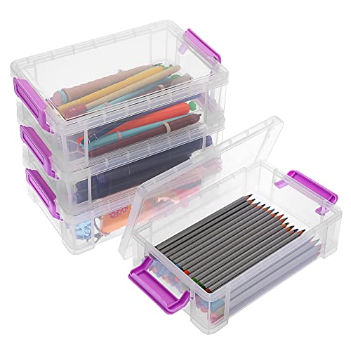 BTSKY 4 Stück stapelbare transparente Stiftbox Bürobedarf Aufbewahrungsbox, multifunktionale Aufbewahrungsboxen, 19.5 * 12 * 6 cm Zwischengröße (Violett Schnalle) von BTSKY