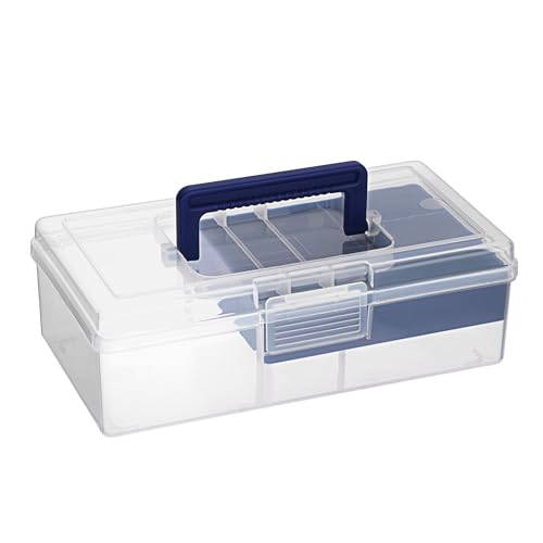 BTSKY Aufbewahrungsbox aus transparentem Kunststoff, 2-lagig, mit herausnehmbarem Tablett, Mehrzweck-Schreibwaren-Aufbewahrungsbox mit Griff, tragbarer Nähkasten, Blau, 2 Stück von BTSKY