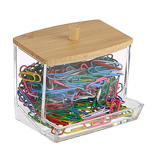 BTSKY Transparenter Büroklammer-Halter mit Bambusdeckel, dickes Acryl, selbstdosierend, Bürobedarf, Zubehör, Organizer, kleiner Aufbewahrungshalter, niedlicher Qtip-Halter für Büro, Badezimmer, von BTSKY
